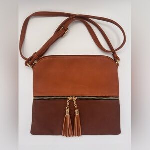 Cognac & Chocolate Faux Leather Crossbody with Tassel Zippers